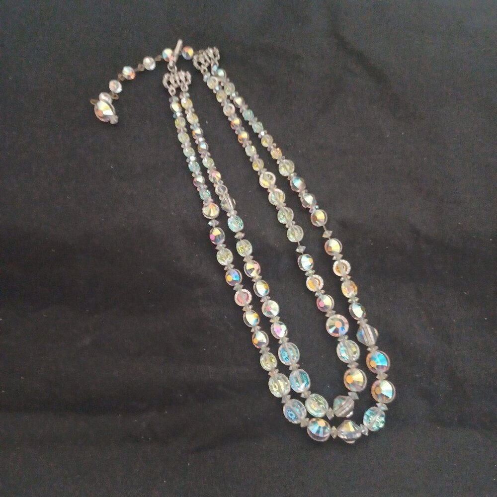Sparkly Crystal Aurora Borealis Vintage Hobe Two Strand Necklace Signed